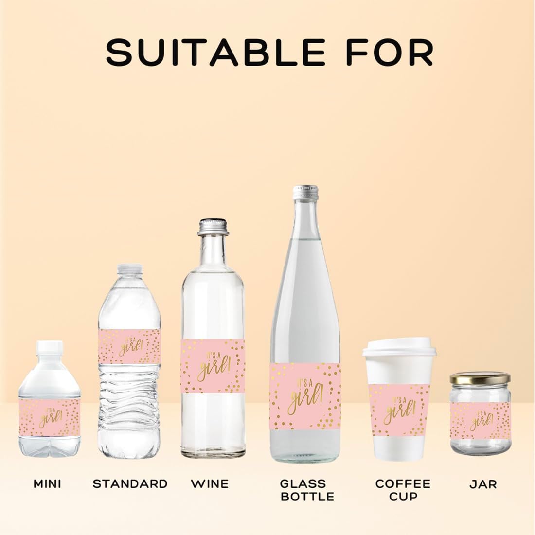 Andaz Press Blush Pink and Metallic Gold Confetti Polka Dots Baby Shower Party Collection, Water Bottle Labels, 20-Pack