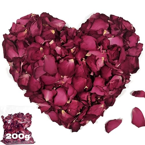 HXJDAM Pétalos de Rosa Naturales,Color Rojo, para baños de pies, baño, SPA,Confeti Boda,Fragancia para el hogar, DIY Artesanías Accesorios,Confeti Biodegradable (200g)