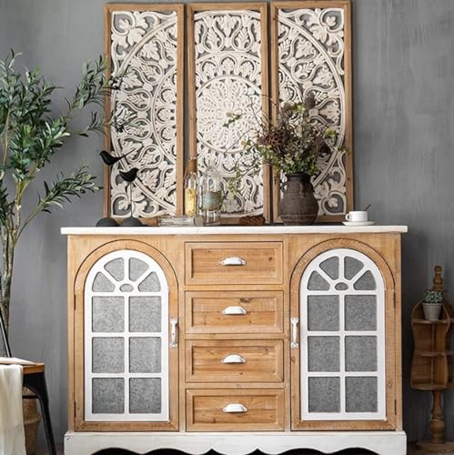 Image of Urbane Crafts Wooden Wall Hanging Decorative Sculpture with Floral Carving Set of 3 Wall Decor for Internal Walls Antique Decor Rustic Look Wood Art for Home Kitchen Bedroom Bathroom Office Restaurant Library
