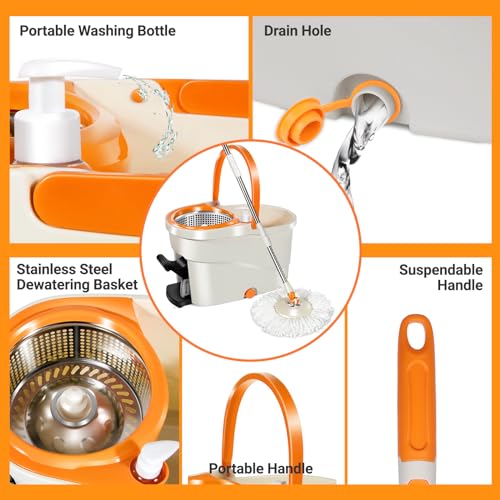 MASTERTOP Spin Mop and Bucket with Wringer Set, Floor Cleaning System, Easy Wring Foot Pedal, Stainless Steel Mop Handle, 5 Microfiber Refills, 5 Cleaning Clothes, Hardwood Laminate Tiles - Thumbnail 4