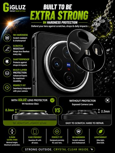 Image of iGluz Compatible with Vivo X200 Camera Lens Protector (1 Pack) | 9H Tempered Glass Camera Guard | Ultra Clear Anti Scratch Camera Glass | Bubble Free | Black