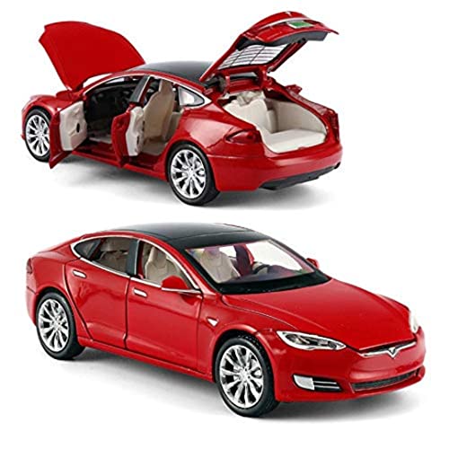 Image of DEOXY 1:32 Scale Tesla Model S Die-Cast Toy Car - Red Electric Car Model with Openable Doors, Hood & Trunk, Pull Back Action, Light & Sound Effects - Metal Body for Kids