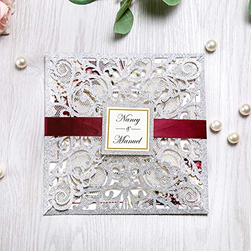 Faire-part de mariage découpé au laser floral avec bande de paillettes dorées luxe 50pcs