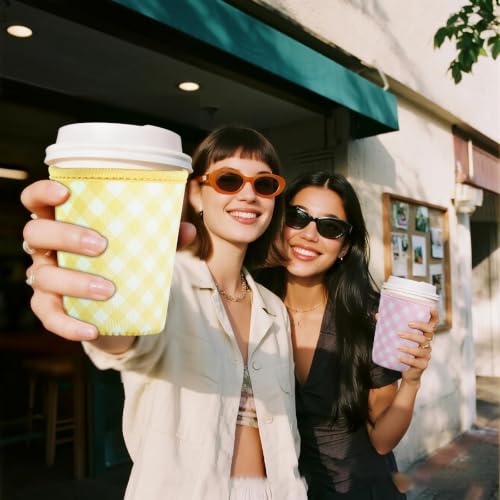 Image of Reusable Insulated Sleeve for Iced Coffee Cup, Coffee Neoprene Sleeve for Cold & Hot Drinks, Beverage Holder for Iced Coffee (Yellow Gingham, Medium: 22-24oz)