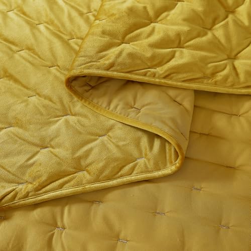 Image of Lush Decor - Quilt Set, 3-Piece Cozy Velvet Bedding with Matching Shams, Embroidered Stitch Design (Haven Mineral Yellow, Full /Queen)