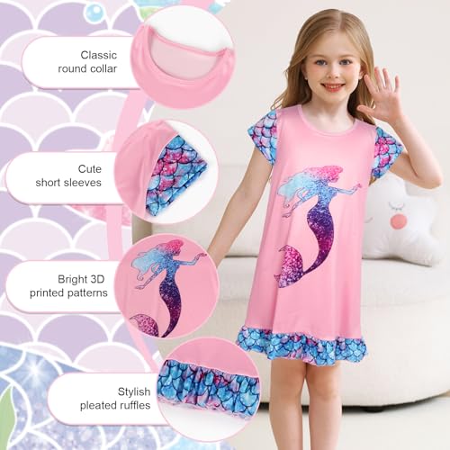 HenzWorld Girls Nightgown Short Sleeve Nightdress Unicorn Mermaid Cat Printed Casual Pajamas Kids Girls Sleepwear 3-10 Years3