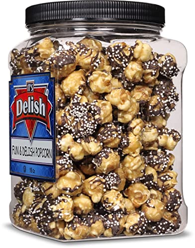 Fun & Delish Caramel Chocolate Popcorn By Its Delish, 16 Oz Jumbo Container - Festive Caramel And Chocolate Sweet Crunchy Popcorn Topped With Sprinkles Of White Nonpareils - Air Popped, Vegan, Kosher #TOP4