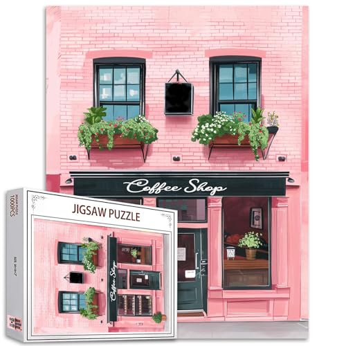 Pink Street Scene 1000 Piece Jigsaw Puzzle for Adults - Challenging Game Night Puzzle - Seaside Townscape - 27x20 Finished Size - Home Wall Decor & Gifts