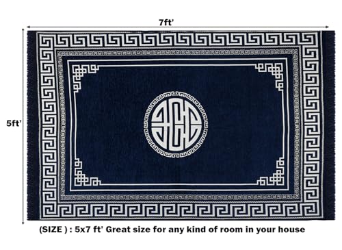 Image of VAS COLLECTIONS Designer Superfine Chenille Carpet | 500 GSM Velvet Carpet /Area Rug /Durries with Fine Yarn for Living Room, Bedroom, Runner| 150x210 cm or 5x7 ft, Navy Blue