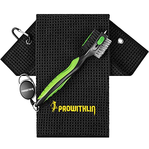 prowithlin Golf Club Brush and Golf Towel, 2 ft Retractable Zip-line Metal Buckle, Dual Bristles Nylon and Wire Bristles, Golf Club Brush and Groove Cleaner, Golf Gifts Accessories for Men and Women
