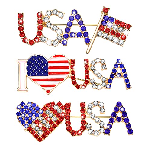 Image of American Flag Brooches 4 th of July Patriotic Red White Blue Rhinestone USA Letter Cross Eagle Map Heart Ribbon Brooch Pin Bulk Vintage Fourth of July Celebrate Independence Day Lapel Pins for Women Men