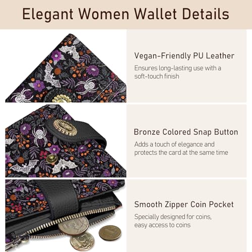 Image of Kelvoris Goth Gothic Bats Spiders Web Small Rfid Women Wallet Bifold Zipper Coin Pocket PU Leather Compact Cash Credit Card Holder Travel Wallet for Female Ladies Teen Girls 1 ID Window 10 Card Slots