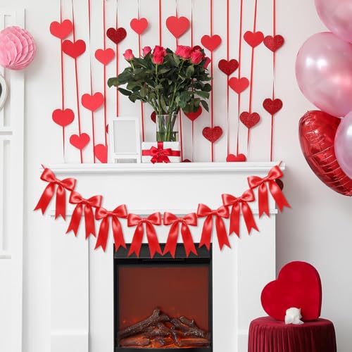 Image of 2 Strings of 16PCS Red Bow Garlands Banner Decoration,Pre-Strung Satin Ribbon Ornaments for Birthday,Bachelorette Party, Bridal Shower,Wedding,Engagement, Baby Shower,Graduation Decor,Valentine's Day