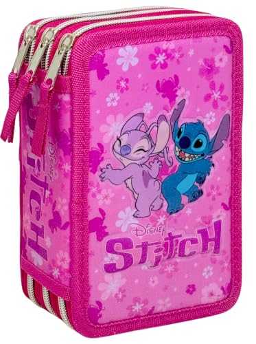 Estuche Escolar Niña para Stitch y Angel Fan - Plumier Triple 3 Cremalleras Completo (44 Piezas) - Efecto 3D - Kit Material Escolar Primaria (6-10 Años) 20x12x7 cm