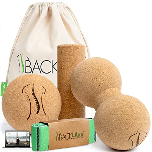 BACKLAXX ® Faszienrolle Set aus Kork – Faszienball und Massageball, Faszienrolle klein, Faszienrolle Fuß, Faszien Duoball - schadstofffrei, antibakteriell...