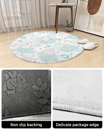 Round Carpet Plush Area Rug Ocean Cute Sea Turtle Coral Shell Starfish, Soft Shaggy Floor Mats Circular Furry Rugs Cartoon Art for Bedroom/Living Room/Nursery/Kids Room - Image 4