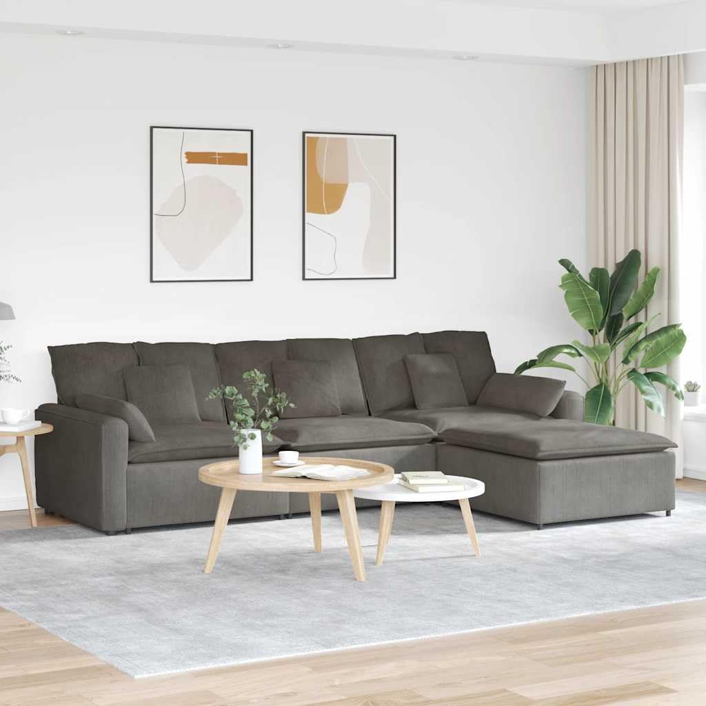 Sofá modular con reposapiés y cojín, tela de pana gris claro, 324 x 205 x 64 cm, elemento de montaje de 4 piezas con marco de metal para salón, salón, confort