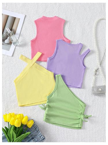 OYOANGLE Toddler Girl's 4 Pack Ribbed Knit Crop Tank Tops Set One Shoulder Summer Camisole2