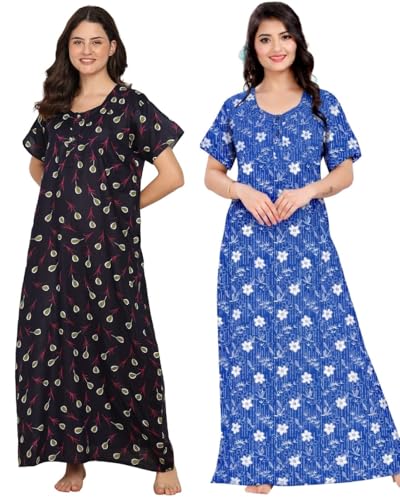 Image of Women Cotton Nighty Combo Pack of 2, Printed Maxi Nighty Gown, Short Sleeve Cotton Nightdress, Soft Breathable Ankle Length Sleepwear Nightwear for Ladies, Free Size