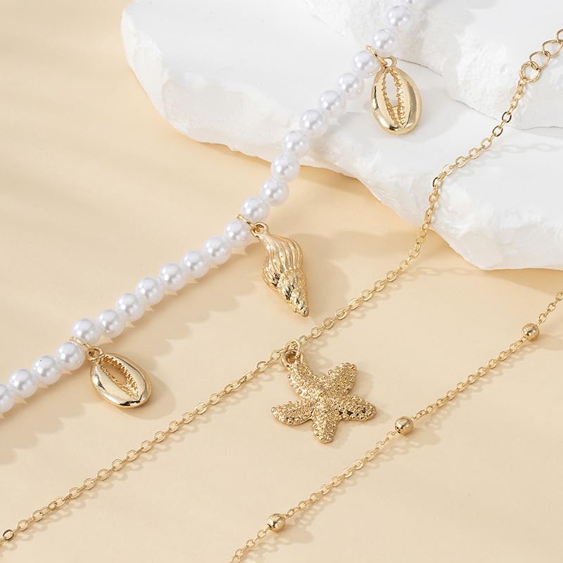 Image of Ankle Bracelets for Women Waterproof Beach Jewelry for Women Elastic Beaded Anklets Boho Seashell Pearl Starfish Anklets for Women Foot Jewelry