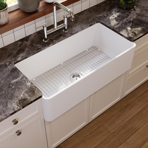 DeerValley Fireclay Farmhouse Sink with Bottom Grid and Strainer, Apron Sink, White Farmhouse Kitchens Sinks (White, 36"L x 18"W) DeerValley Fireclay Farmhouse Sink with Bottom Grid and Strainer, Apron Sink, White Farmhouse Kitchens Sinks (White, 36"L x 18"W)