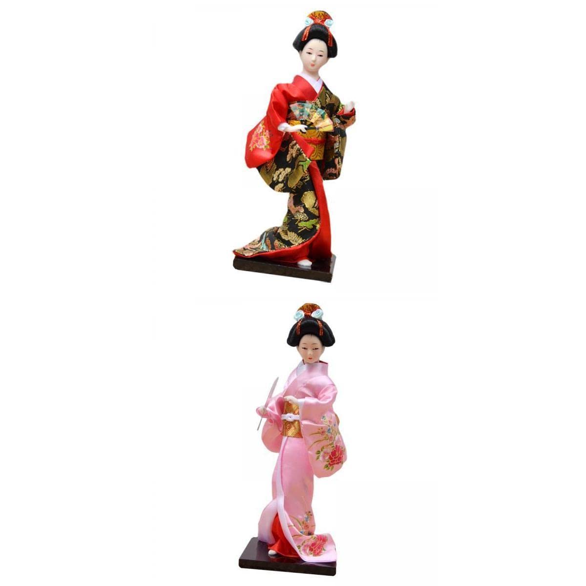 Gazechimp 2X 27cm Japanese Kimono Geisha Doll, Oriental Ancient Resin Figurine Handcrafted for Desk Restaurant Office Bookshelf Decoration, Red Pink
