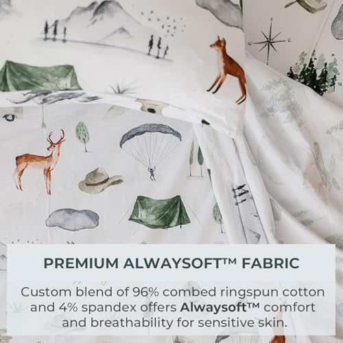 Image of Pobibaby Premium Twin Full Sheets Sets, Kids Double Bed Sheets in Cotton Blend | Ultra-Soft Woodland Camping Print with Fitted Sheet, Flat Sheet & Pillowcases (Twin Explore)