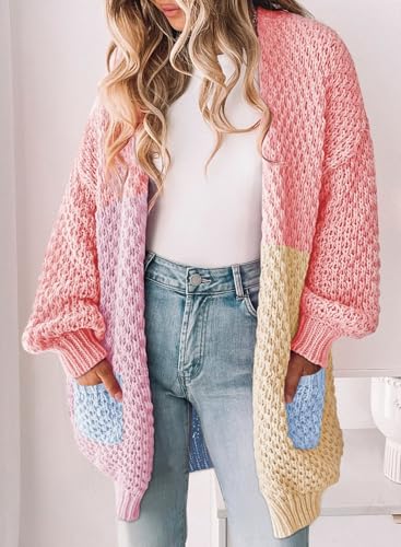 Pink Queen Women 2025 Fall Oversized Sweaters Cardigan Lantern Sleeve Chunky Knit Outwear Coats with Pockets2