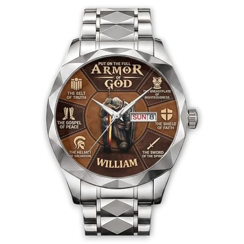DATTYCAFT Put On The Full Armour of God | Personalized Men's Wrist Watch, Christian Scripture Custom Watches, Armor of God Metal Watch, Father's Day Religious Gift for Men Husband Dad Pastor