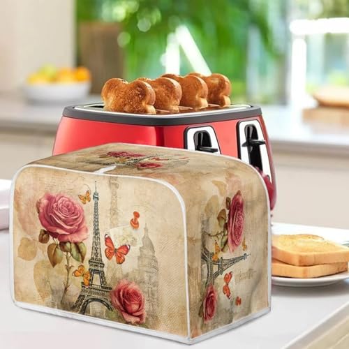 Image of Talayituse Eiffel Tower Print Toaster Cover 2 Slice Bread Toaster Oven Covers Washable Rose Butterfly Toaster Cover Kitchen Small Appliance Covers Bakeware Protector