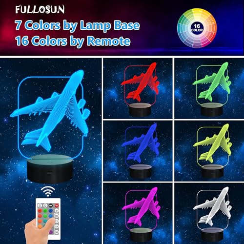 Image of FULLOSUN Aircraft Airplane 3D Night Light Bedside Lamp 16 Colors Changing with Remote Control Xmas Halloween Birthday Gift for Boy
