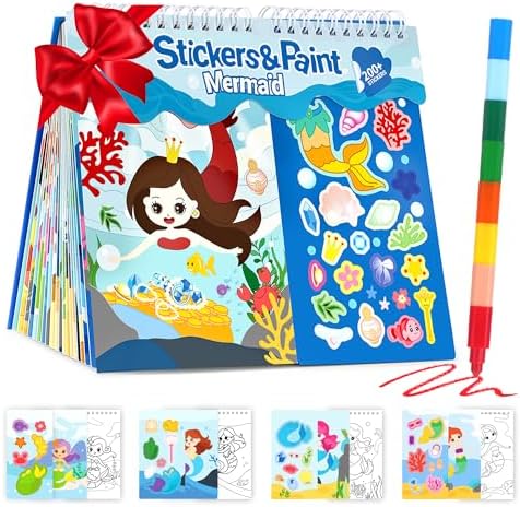 Sticker Activity Book for Kids 3+, 2 in 1 Cute Sticker & Coloring Kit with 200+ Stickers, 20 Pages, 8 Color Crayons - Educational Portable Travel Toys & Gift Idea Stocking Stuffers