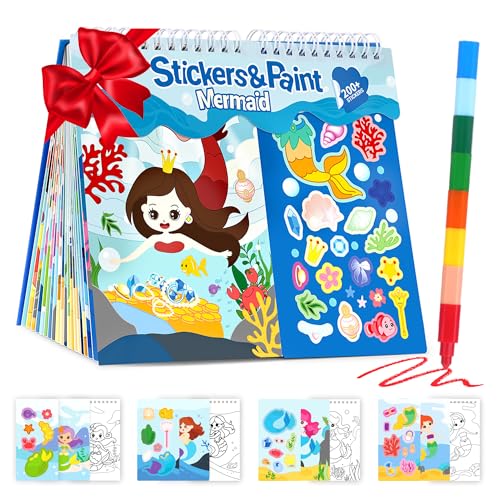 YPLUS Livre d'Activités Autocollants et Peinture - Livre de Coloriage et Dessin Thème Sirène, 20 Pages, Stylo 8 Couleurs et +200 Autocollants Réutilisables...