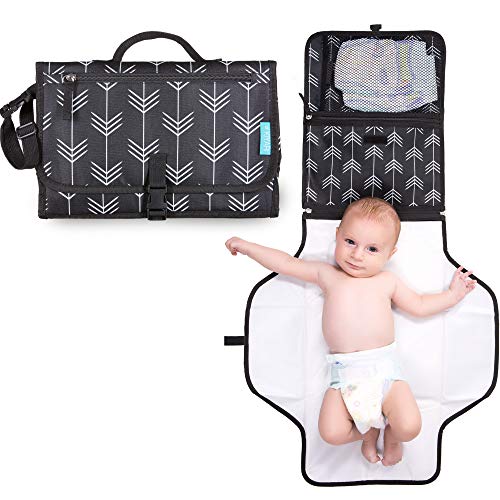 Image of Portable Diaper Changing Pad with Head Pillow - Foldable Travel Diaper Station - Replaces Heavy Diaper Bag - Baby Shower Gift Registry Must Have (Dark Gray)
