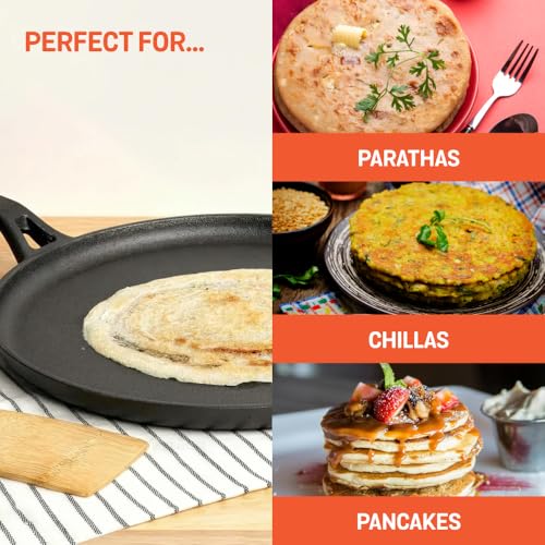 Image of Meyer Pre-Seasoned Cast Iron Flat Dosa /Roti /Chapati Tawa Pan with Stick Handle, Dosa Kallu, Iron Tawa Small Size, Gas and Induction Compatible | 24cm, Black
