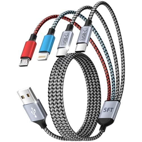 Dual Type-C USB Multi Charging Cable with 2 USB-C/IP/Micro Port, 4 in 1 Chargers for Multiple Devices, Travel Essentials USB Cable Phone Charger Cord for iPhone 17 16 15 14/Android/Tablet/iPad(5FT)