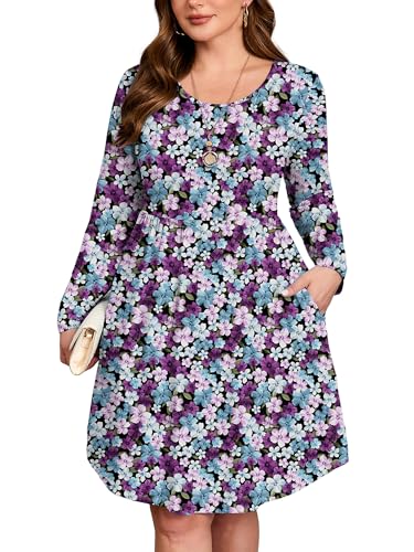 Image of AusLook Women's Plus Size Long Sleeve Midi Dress Casual Empire Waist Loose Flowy Dresses A-Line Boho Long Dress with Pockets