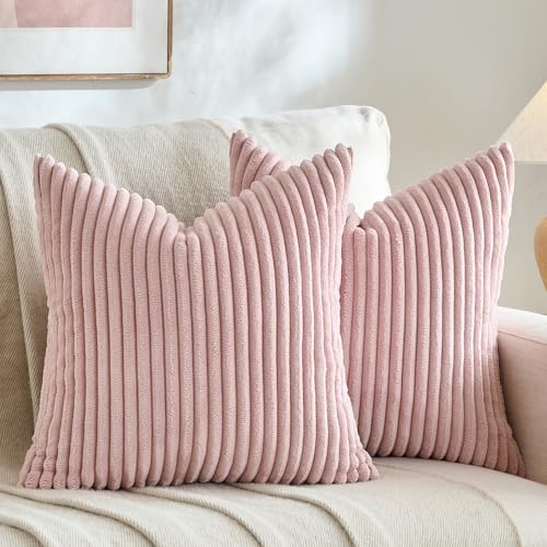Fancy Homi Set of 2 Blush Pink Boho Decorative Throw Pillow Covers 18x18 Inch for Couch Bed Sofa, Aesthetic Modern Farmhouse Room Decor, Soft Fuzzy Fluffy Cozy Corduroy Textured Cushion Case 45x45cm