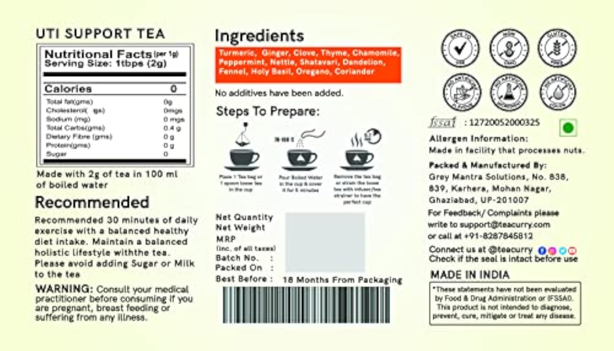TEACURRY UTI Support Tea with Infuser, 2 Month Pack, 200 Grams