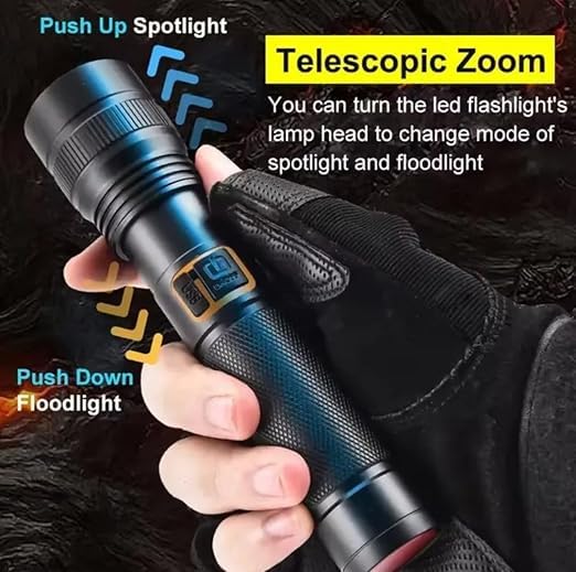 Image of Rechargeable Tactical Flashlight with Type-C | Ultra-Bright 10,000 Lumens LED Torch, Long-Range Beam, Waterproof for Outdoor Trekking & Emergency Use | M035 (Pack of 1)
