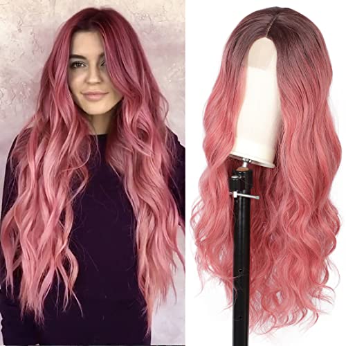 28 "Kalyss Synthetic Edge Lace Front Perücke für Frauen Mittelscheitel Lange Lila Lockige Perücken Dunkle Wurzeln Natürliche Wellenförmige Hitzebeständige Lace Frontal Perücken Cover