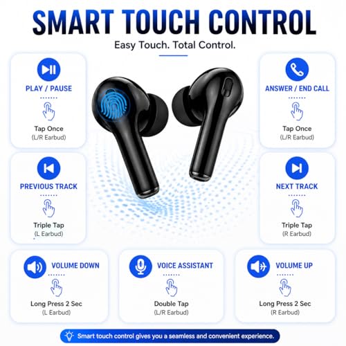 Image of TWS Earbuds with BT 5.3, Touch Control, Deep Bass, Mic, Type-C Charging (1, Black)