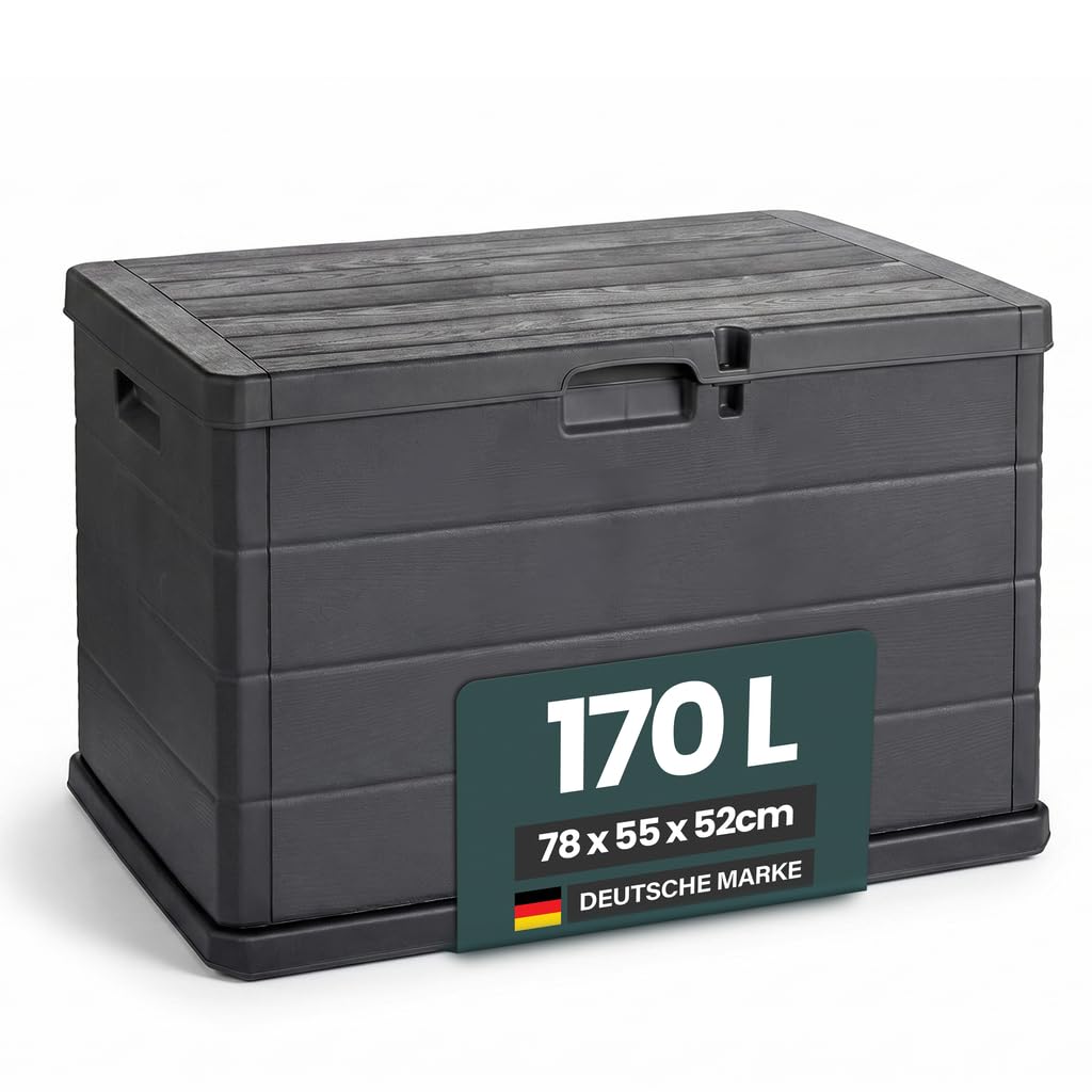 Kreher® XL Kissenbox/Gartenbox 170 Liter oder 340 Liter Nutzvolumen in moderner Holz Optik in Anthrazit! Robust, abwaschbar und einfach im Aufbau! (170 L)