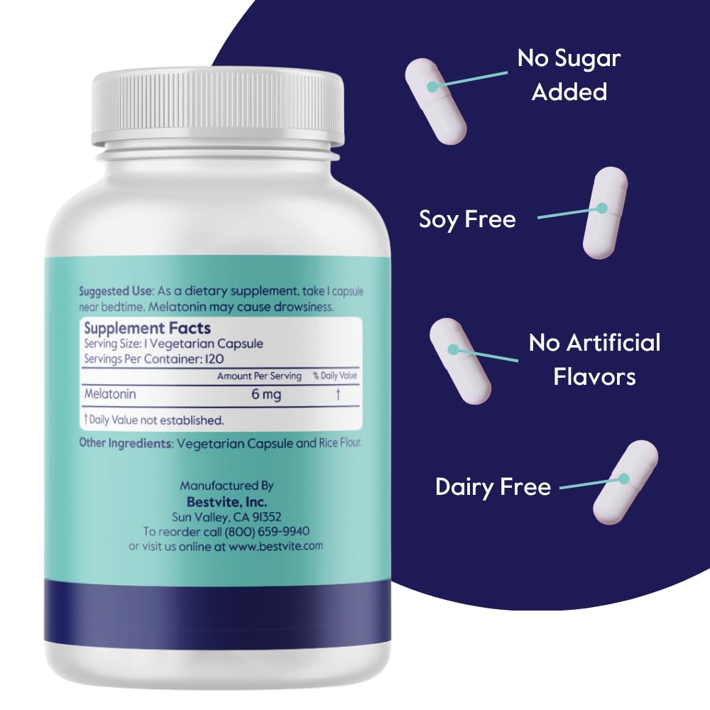BESTVITE Melatonin 6mg (120 Veg Caps) - No Stearates - Vegan — Amazon image 2