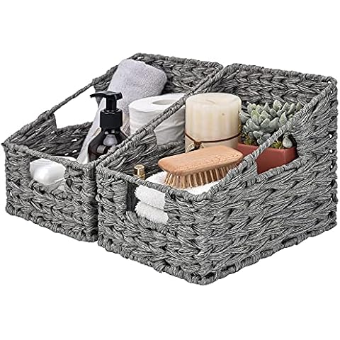 GRANNY SAYS Wicker Basket with Handles, Odorless Woven Trapezoid Basket Waterproof for Organizing, Decorative Storage Wicker Baskets for Storage Photo Books, Ash Gray, 2-Pack Cover