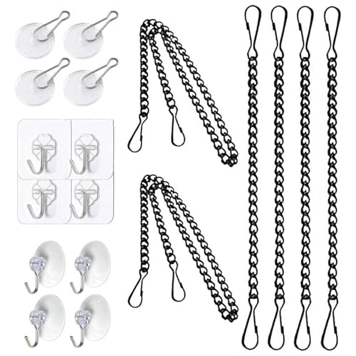 Image of Picture Hanging Chain with Adhesive Hooks and Suction Cup for Stained Glass Window Hangings Kit and Suncatchers Black Metal Chain Kit 18 pcs (Black)