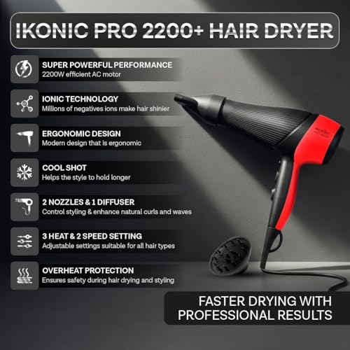 Image of Ikonic Pro 2200+ Hair Dryer, 2200W Powerful AC Motor, Ionic Technology, 2 Speed & 3 Heat Setting, Cool Shot, Low Noise, Hair Diffuser & Nozzle, For Women & Men, All Hair Type (Black & Red)