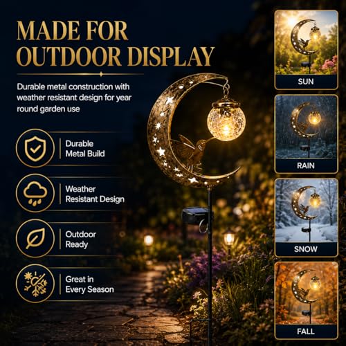 MOYEE Hummingbird Solar Garden Stake Light, Moon Outdoor Solar Lights with Crackle Glass Globe, Metal Crescent Moon Yard Decor, Waterproof Solar Pathway Light for Garden Patio Lawn Flower Bed - image 4