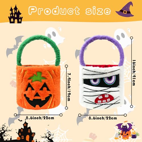 Image of Dia 7.9 inch * H 15.7 inch, Plush Halloween Baskets Trick or Treat Bags Halloween Candy Bucket, Gift Bucket for Party Favor Supplies (2Pcs-Pumpkin&Mummy)