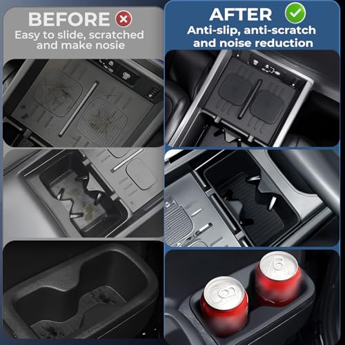 Image of 1st & 2nd Row Cup Holder Insert & Wireless Charging Protective Mat for Hyundai Santa Fe 2026 2025 2024, Center Console Interior Accessories Cup Holder & Wireless Charger Cover Pad, Black
